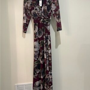 Connected Apparel Red and Gray Long Sleeve Wrap Dress